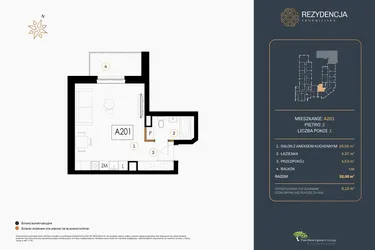 Rzut - Mieszkanie na sprzedaż 1 pokój o powierzchni 32,95 m² - numer A.201 w Rezydencja Śródmiejska