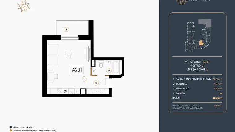 Rzut - Mieszkanie na sprzedaż 1 pokój o powierzchni 32,95 m² - numer A.201 w Rezydencja Śródmiejska