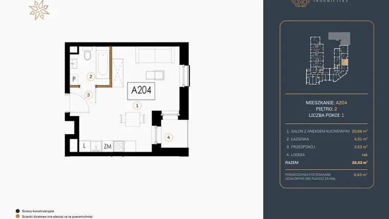 Rzut - Mieszkanie na sprzedaż 1 pokój o powierzchni 28,79 m² - numer A.204 w Rezydencja Śródmiejska
