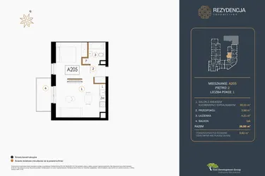Rzut - Mieszkanie na sprzedaż 1 pokój o powierzchni 38,68 m² - numer A.205 w Rezydencja Śródmiejska