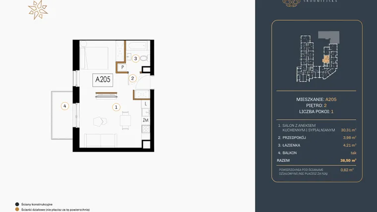 Rzut - Mieszkanie na sprzedaż 1 pokój o powierzchni 38,68 m² - numer A.205 w Rezydencja Śródmiejska