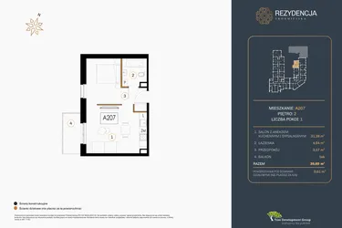 Rzut - Mieszkanie na sprzedaż 1 pokój o powierzchni 39,73 m² - numer A.207 w Rezydencja Śródmiejska