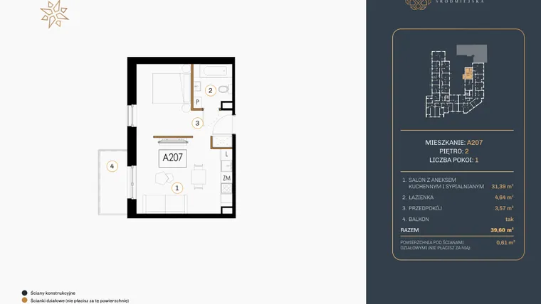 Rzut - Mieszkanie na sprzedaż 1 pokój o powierzchni 39,73 m² - numer A.207 w Rezydencja Śródmiejska