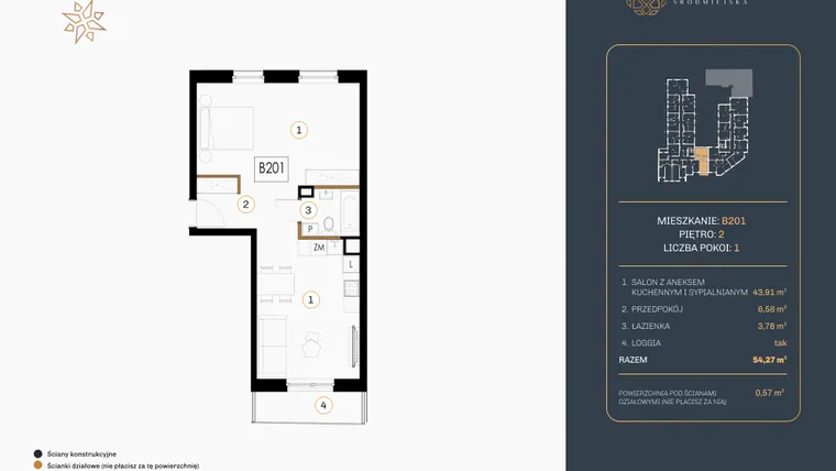 Rzut - Mieszkanie na sprzedaż 1 pokój o powierzchni 54,13 m² - numer B.201 w Rezydencja Śródmiejska