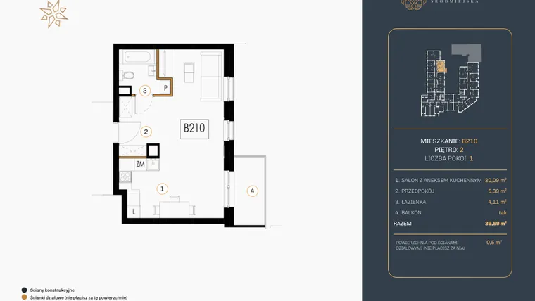 Rzut - Mieszkanie na sprzedaż 1 pokój o powierzchni 39,67 m² - numer B.210 w Rezydencja Śródmiejska