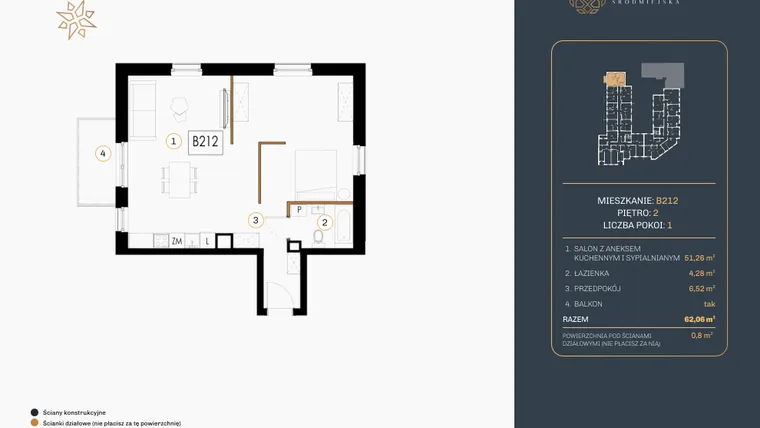 Rzut - Mieszkanie na sprzedaż 1 pokój o powierzchni 62,26 m² - numer B.212 w Rezydencja Śródmiejska