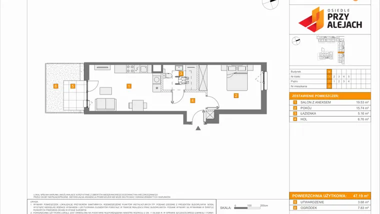 Rzut - Mieszkanie na sprzedaż 2 pokoje o powierzchni 47,19 m² - numer B6 w Osiedle Przy Alejach etap 2