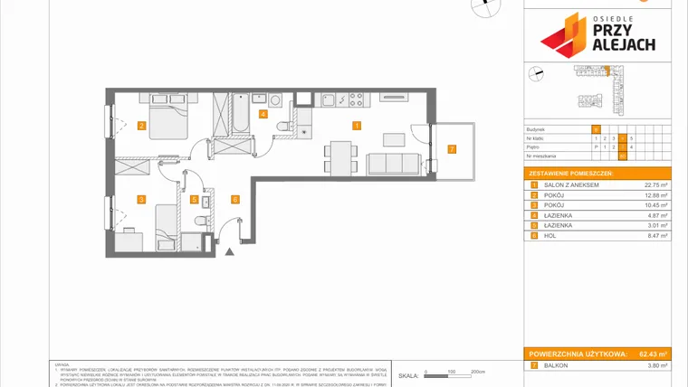 Rzut - Mieszkanie na sprzedaż 3 pokoje o powierzchni 62,43 m² - numer B80 w Osiedle Przy Alejach etap 2