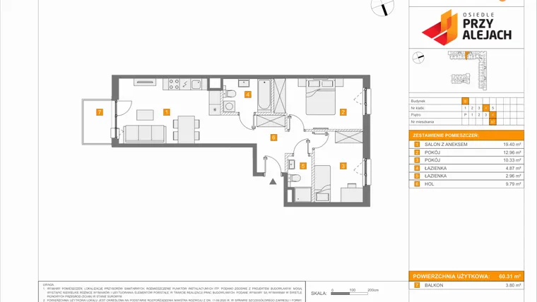 Rzut - Mieszkanie na sprzedaż 3 pokoje o powierzchni 60,31 m² - numer B87 w Osiedle Przy Alejach etap 2