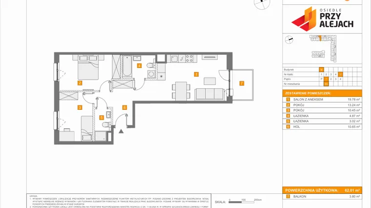 Rzut - Mieszkanie na sprzedaż 3 pokoje o powierzchni 62,01 m² - numer B93 w Osiedle Przy Alejach etap 2
