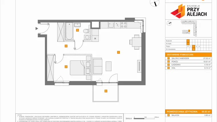 Rzut - Mieszkanie na sprzedaż 2 pokoje o powierzchni 50,93 m² - numer C20 w Osiedle Przy Alejach etap 2