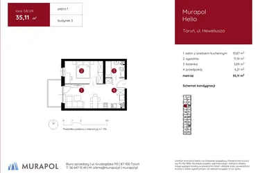 Rzut - Mieszkanie na sprzedaż 2 pokoje o powierzchni 35,11 m² - numer 3.B.1.09 w Murapol Helio