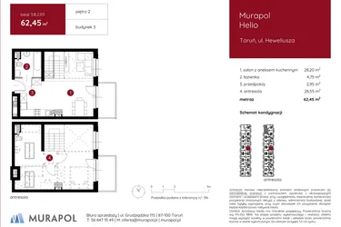 Rzut - Mieszkanie na sprzedaż 1 pokój o powierzchni 62,51 m² - numer 3.B.2.03 w Murapol Helio