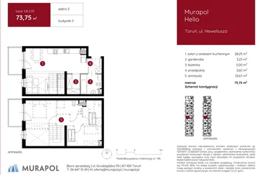 Rzut - Mieszkanie na sprzedaż 1 pokój o powierzchni 74,08 m² - numer 3.B.2.05 w Murapol Helio