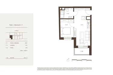 Rzut - Mieszkanie na sprzedaż 2 pokoje o powierzchni 36,9 m² - numer 1.7 w Piwna 21