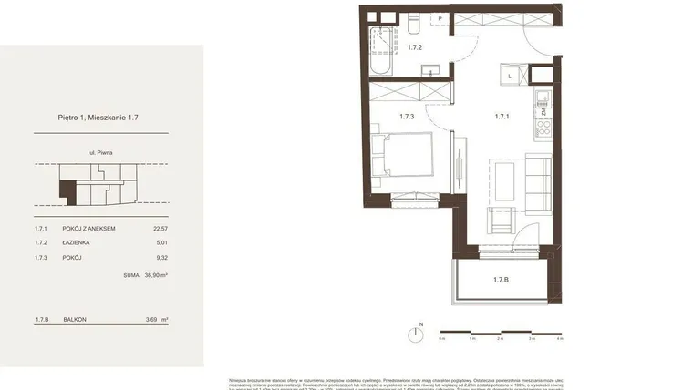 Rzut - Mieszkanie na sprzedaż 2 pokoje o powierzchni 36,9 m² - numer 1.7 w Piwna 21