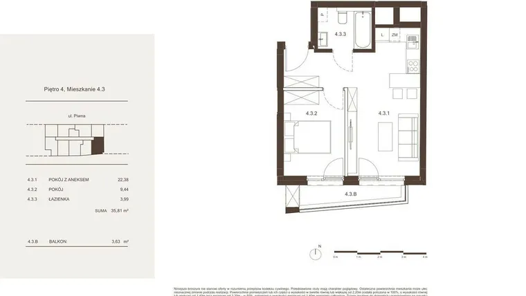 Rzut - Mieszkanie na sprzedaż 2 pokoje o powierzchni 35,81 m² - numer 4.3 w Piwna 21