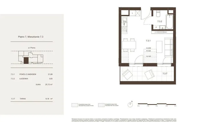 Rzut - Mieszkanie na sprzedaż 1 pokój o powierzchni 25,72 m² - numer 7.3 w Piwna 21
