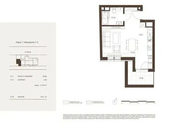 Rzut - Mieszkanie na sprzedaż 1 pokój o powierzchni 31,65 m² - numer 7.4 w Piwna 21