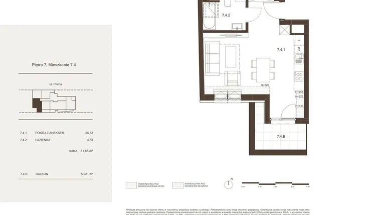 Rzut - Mieszkanie na sprzedaż 1 pokój o powierzchni 31,65 m² - numer 7.4 w Piwna 21