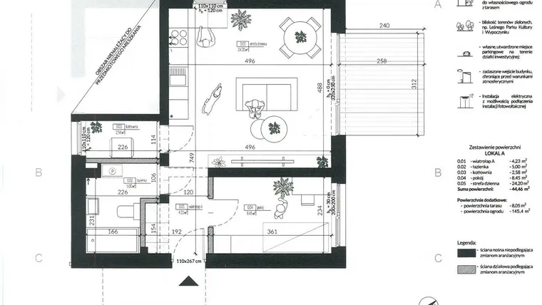 Rzut - Mieszkanie na sprzedaż 2 pokoje o powierzchni 44,46 m² - numer 3A w Osiedle Botaniczne etap V