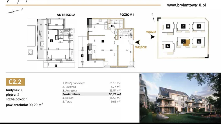 Rzut - Mieszkanie na sprzedaż 3 pokoje o powierzchni 90,29 m² - numer C2.2 w Brylantowa 10