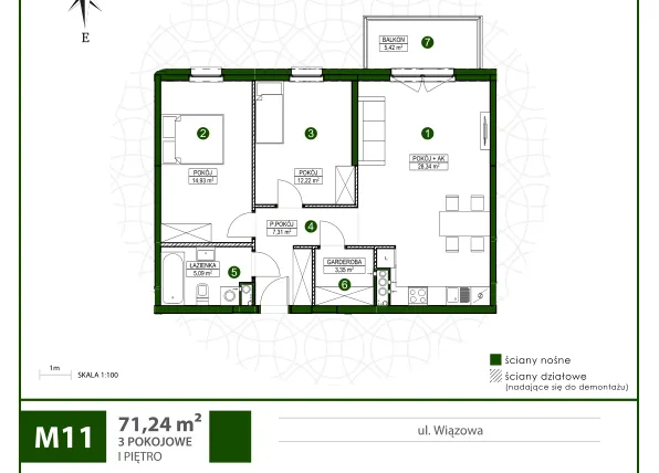 Rzut - Mieszkanie na sprzedaż 3 pokoje o powierzchni 71,37 m² - numer 11 w Moja Wiązowa