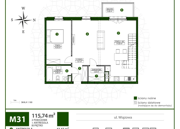 Rzut - Mieszkanie na sprzedaż 3 pokoje o powierzchni 115,69 m² - numer 31 w Moja Wiązowa