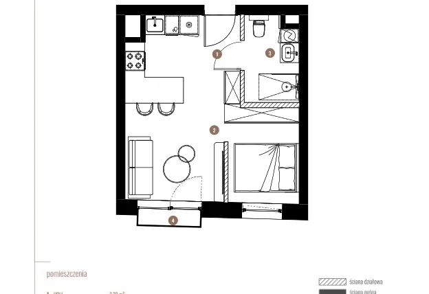 Rzut - Mieszkanie na sprzedaż 1 pokój o powierzchni 29,47 m² - numer LM.01.03.05 w Katowicka Residence