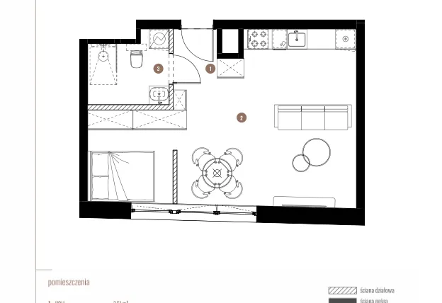 Rzut - Mieszkanie na sprzedaż 1 pokój o powierzchni 39,96 m² - numer LM.01.11.08 w Katowicka Residence