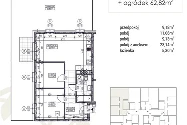 Rzut - Mieszkanie na sprzedaż 3 pokoje o powierzchni 57,81 m² - numer A1.00.02 w Zakątek Flora