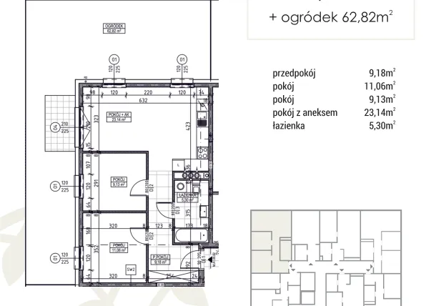 Rzut - Mieszkanie na sprzedaż 3 pokoje o powierzchni 57,81 m² - numer A1.00.02 w Zakątek Flora