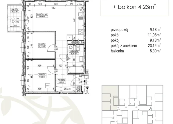 Rzut - Mieszkanie na sprzedaż 3 pokoje o powierzchni 57,81 m² - numer A1.01.09 w Zakątek Flora