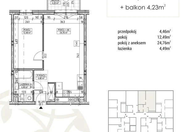 Rzut - Mieszkanie na sprzedaż 2 pokoje o powierzchni 46,2 m² - numer A1.01.11 w Zakątek Flora