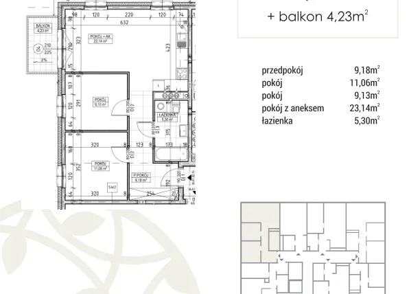 Rzut - Mieszkanie na sprzedaż 3 pokoje o powierzchni 57,81 m² - numer A1.02.16 w Zakątek Flora