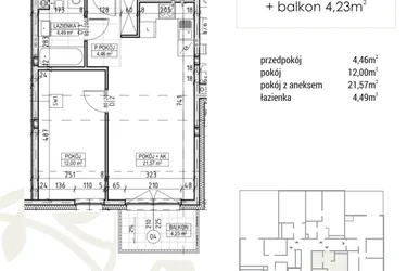 Rzut - Mieszkanie na sprzedaż 2 pokoje o powierzchni 42,52 m² - numer A1.03.26 w Zakątek Flora