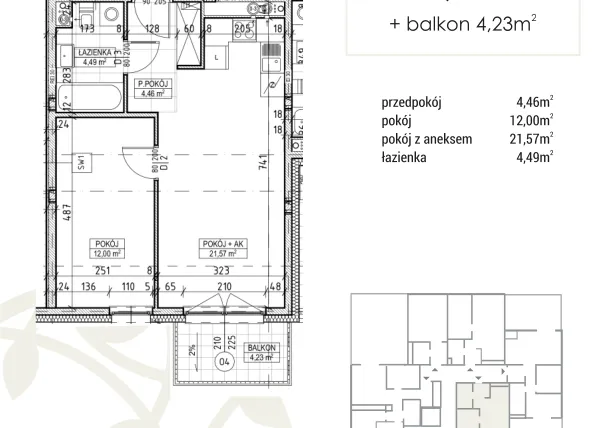Rzut - Mieszkanie na sprzedaż 2 pokoje o powierzchni 42,52 m² - numer A1.03.26 w Zakątek Flora