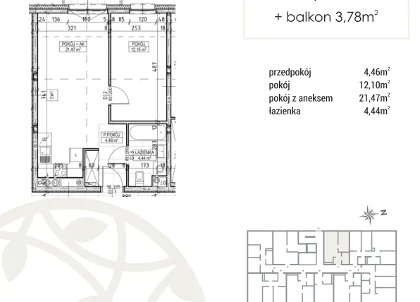 Rzut - Mieszkanie na sprzedaż 2 pokoje o powierzchni 42,47 m² - numer A2.01.10 w Zakątek Flora
