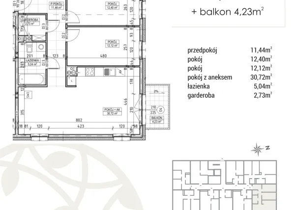 Rzut - Mieszkanie na sprzedaż 3 pokoje o powierzchni 74,45 m² - numer A2.01.12 w Zakątek Flora
