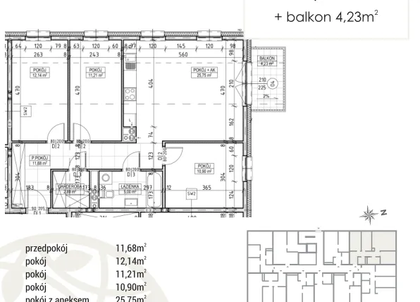 Rzut - Mieszkanie na sprzedaż 4 pokoje o powierzchni 79,57 m² - numer A2.02.20 w Zakątek Flora