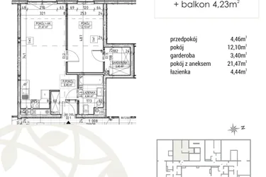 Rzut - Mieszkanie na sprzedaż 2 pokoje o powierzchni 45,87 m² - numer A2.03.32 w Zakątek Flora