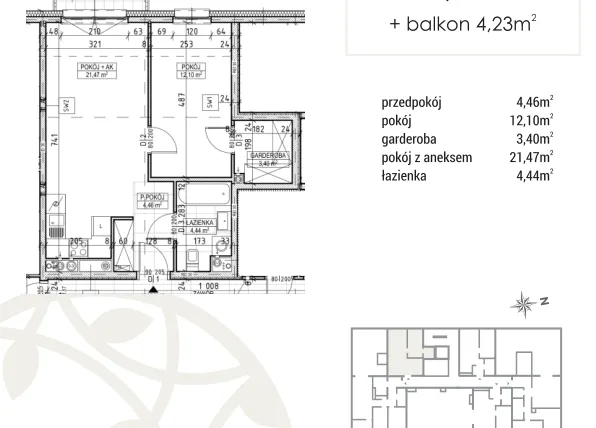Rzut - Mieszkanie na sprzedaż 2 pokoje o powierzchni 45,87 m² - numer A2.03.32 w Zakątek Flora