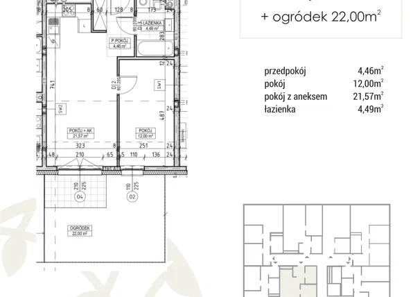Rzut - Mieszkanie na sprzedaż 2 pokoje o powierzchni 42,52 m² - numer A3.00.01 w Zakątek Flora
