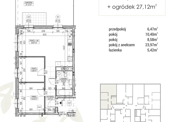 Rzut - Mieszkanie na sprzedaż 3 pokoje o powierzchni 54,84 m² - numer A3.00.03 w Zakątek Flora
