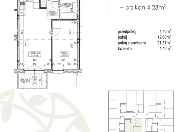 Rzut - Mieszkanie na sprzedaż 2 pokoje o powierzchni 42,52 m² - numer A3.01.08 w Zakątek Flora
