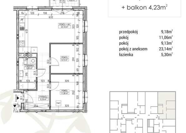 Rzut - Mieszkanie na sprzedaż 3 pokoje o powierzchni 57,81 m² - numer A3.02.20 w Zakątek Flora