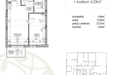 Rzut - Mieszkanie na sprzedaż 2 pokoje o powierzchni 42,52 m² - numer A3.03.22 w Zakątek Flora
