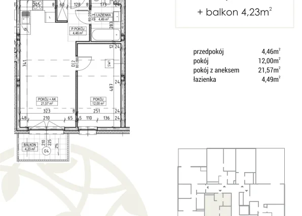 Rzut - Mieszkanie na sprzedaż 2 pokoje o powierzchni 42,52 m² - numer A3.03.22 w Zakątek Flora