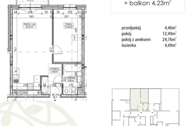 Rzut - Mieszkanie na sprzedaż 2 pokoje o powierzchni 46,2 m² - numer A3.03.24 w Zakątek Flora