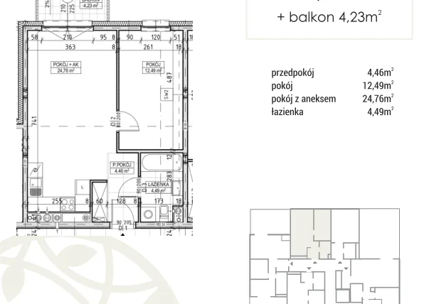 Rzut - Mieszkanie na sprzedaż 2 pokoje o powierzchni 46,2 m² - numer A3.03.24 w Zakątek Flora